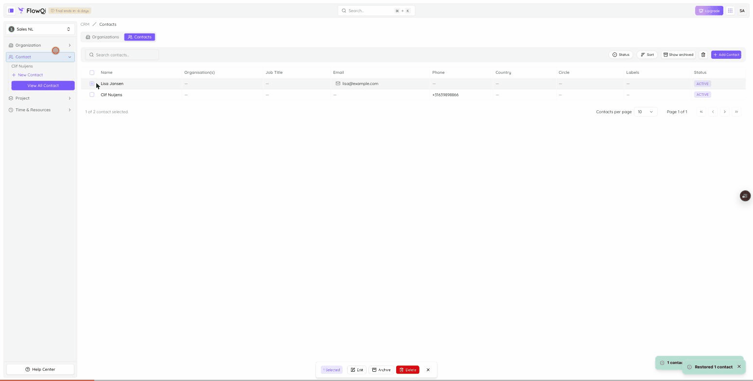 Screen recording: archiving a contact in FlowQi