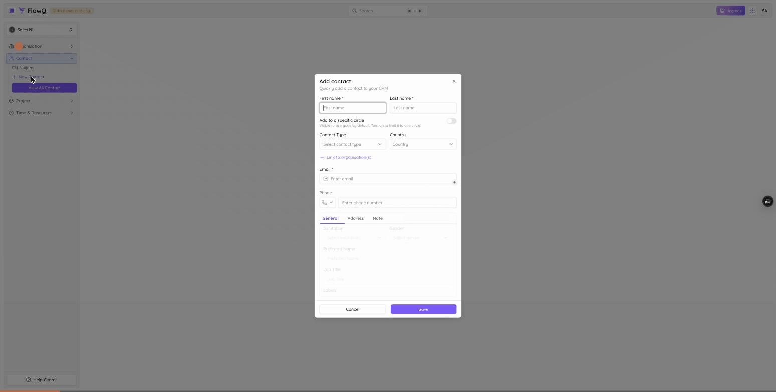Screen recording: creating a contact in FlowQi