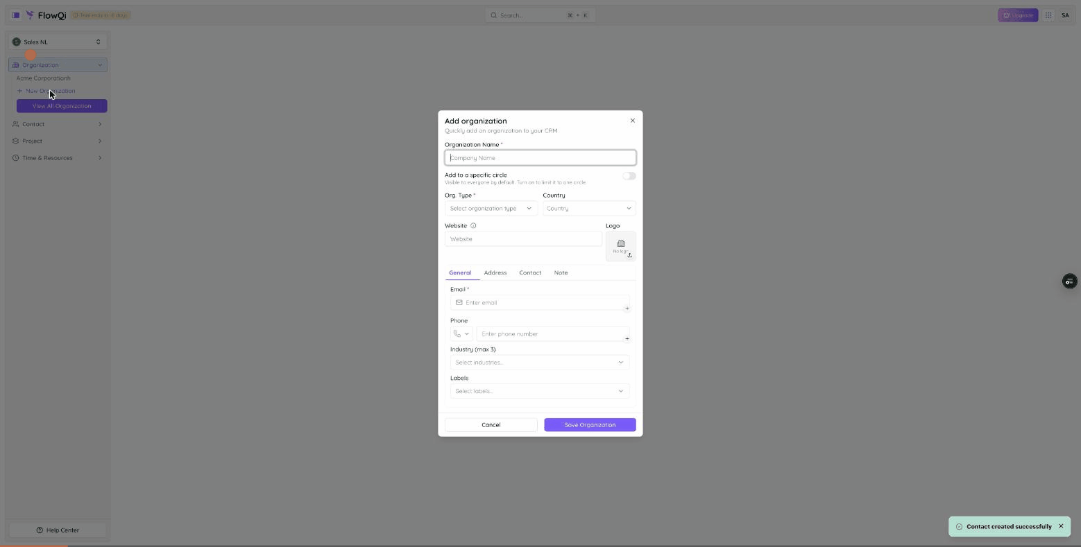 Screen recording: creating an organization in FlowQi