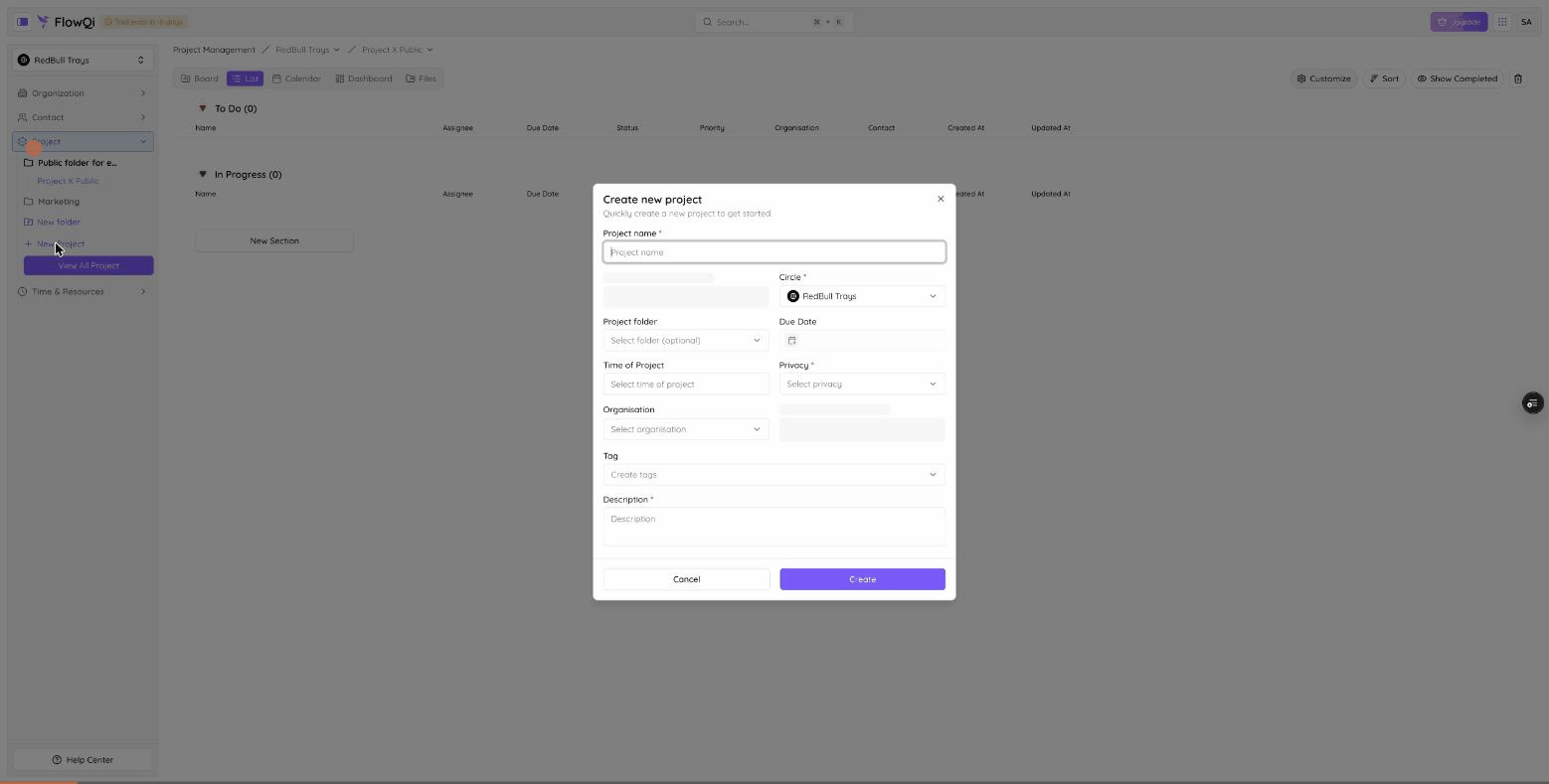 Screen recording: creating a project in FlowQi