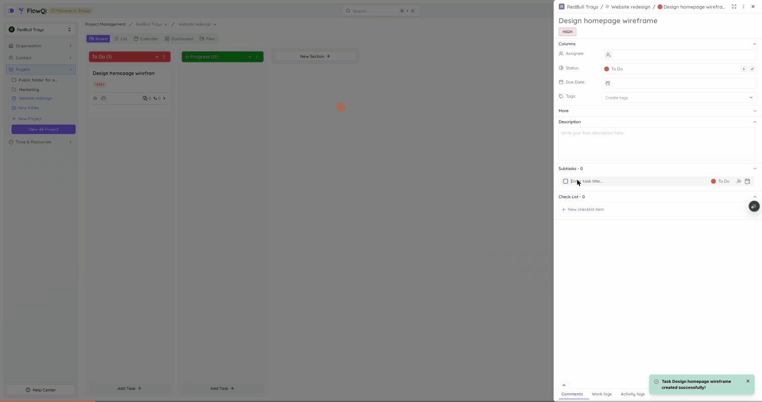 Screen recording: adding a subtask in FlowQi