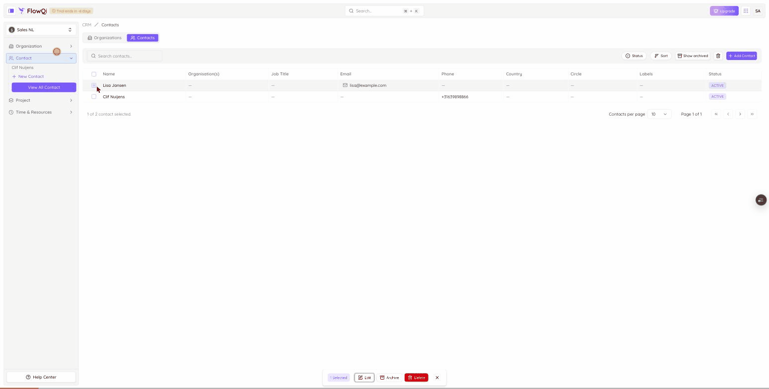 Screen recording: deleting and restoring a contact in FlowQi