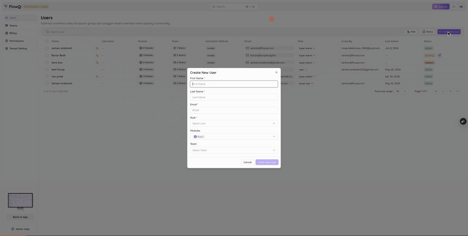 Screen recording: inviting a user in FlowQi